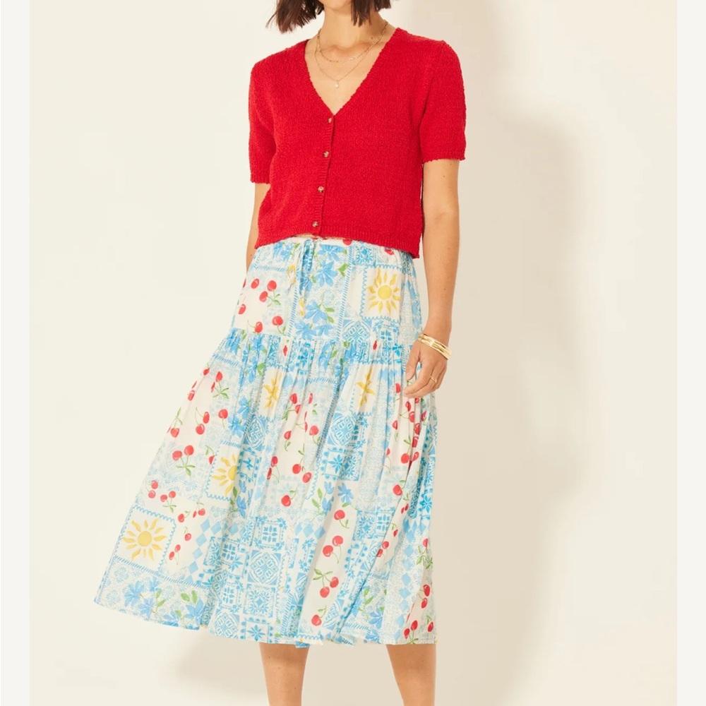 Bila Blue and Red Floral Midi Skirt